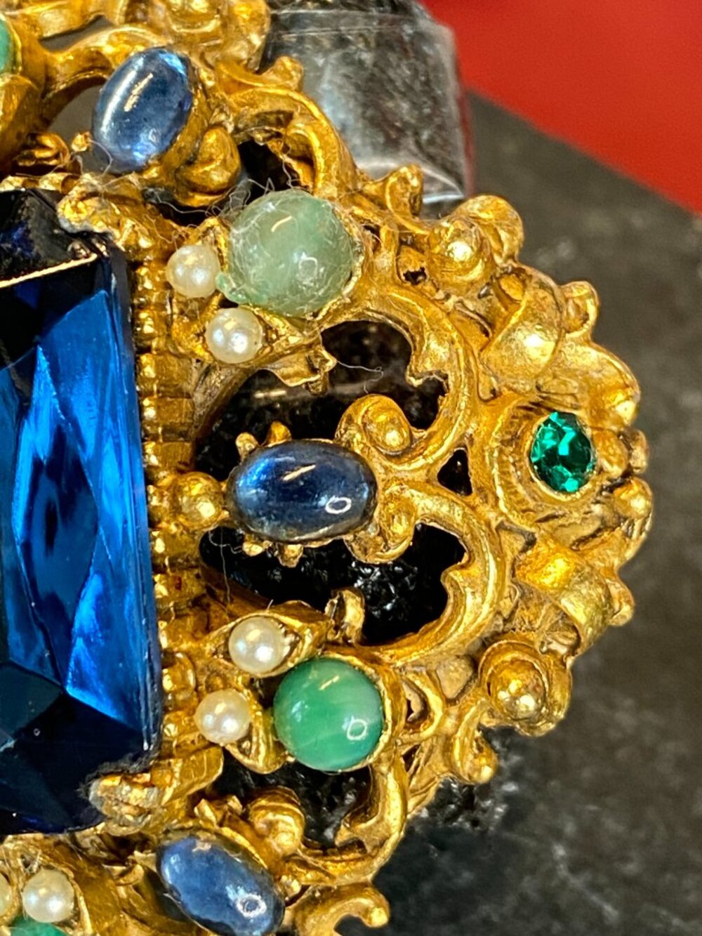Vintage Florenza Brooch Pendant w/ Large Emerald-cut Sapphire Blue Glass Stone - Picture 4 of 14